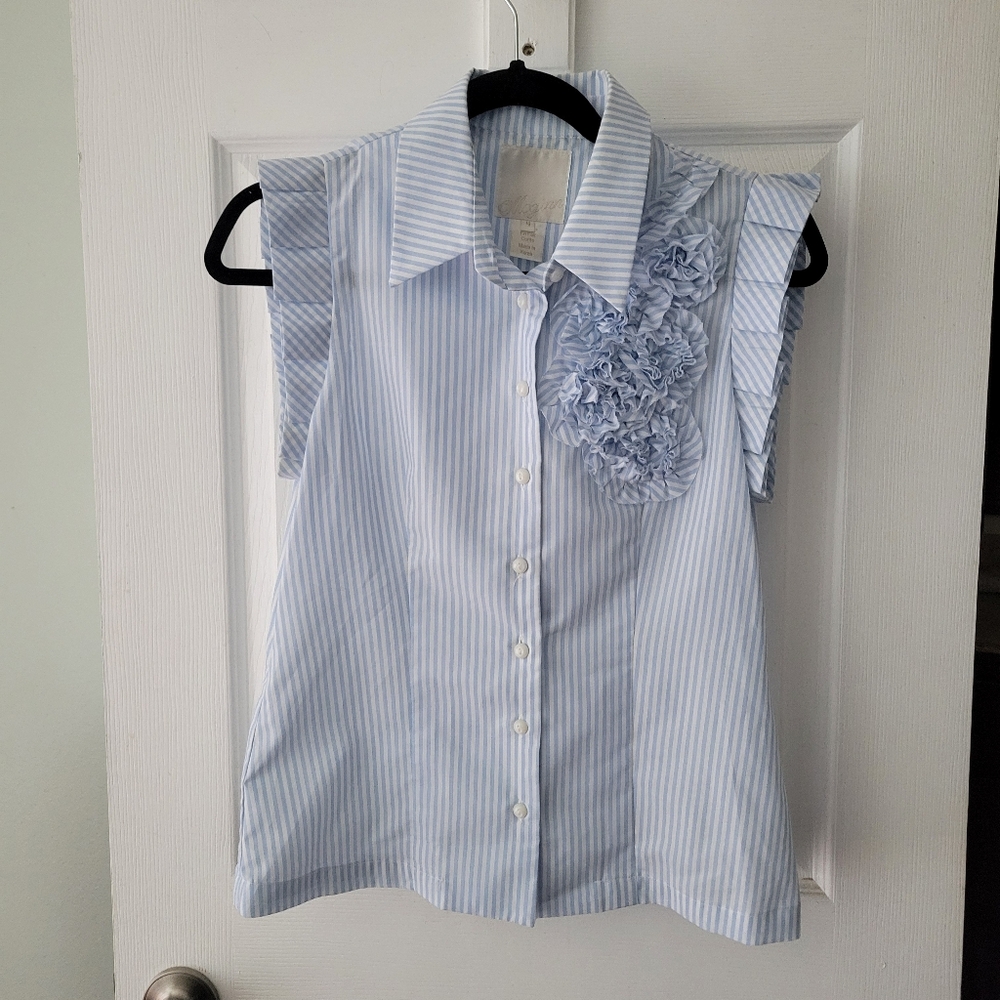 Anthropologie Light Blue Striped Blouse with Floral Accents